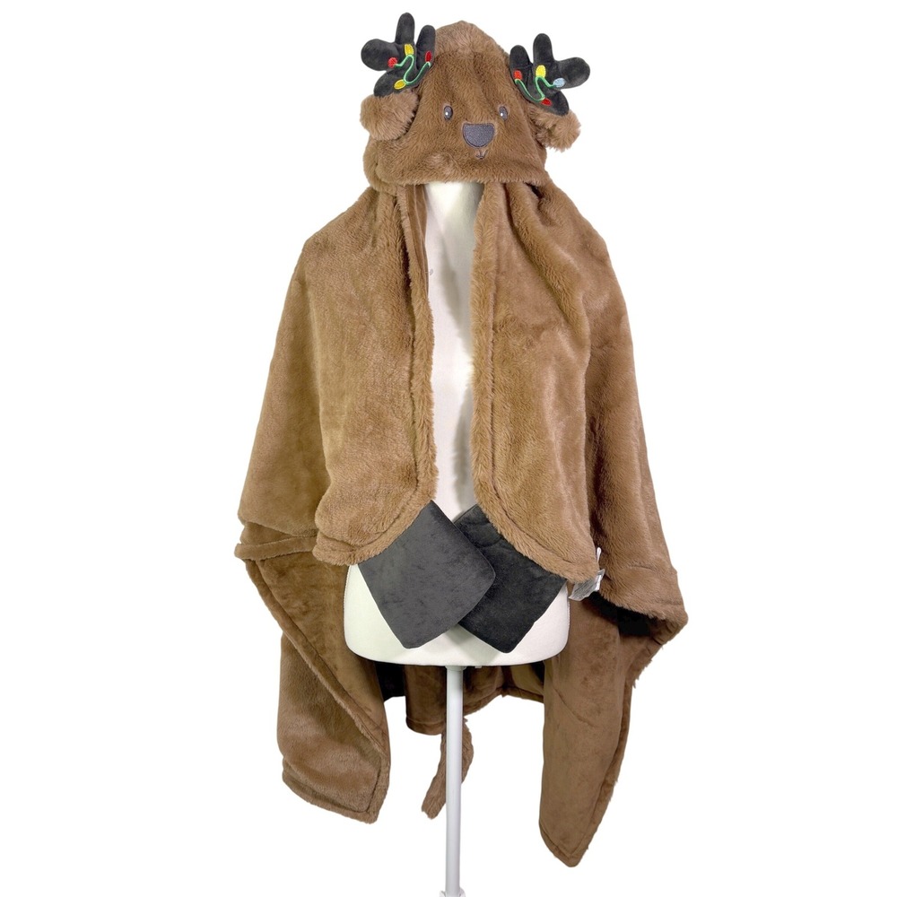 NWOT Christmas Blanket Reindeer Hooded Wrap Kids OS Brown Faux Fur Antlers 49x37